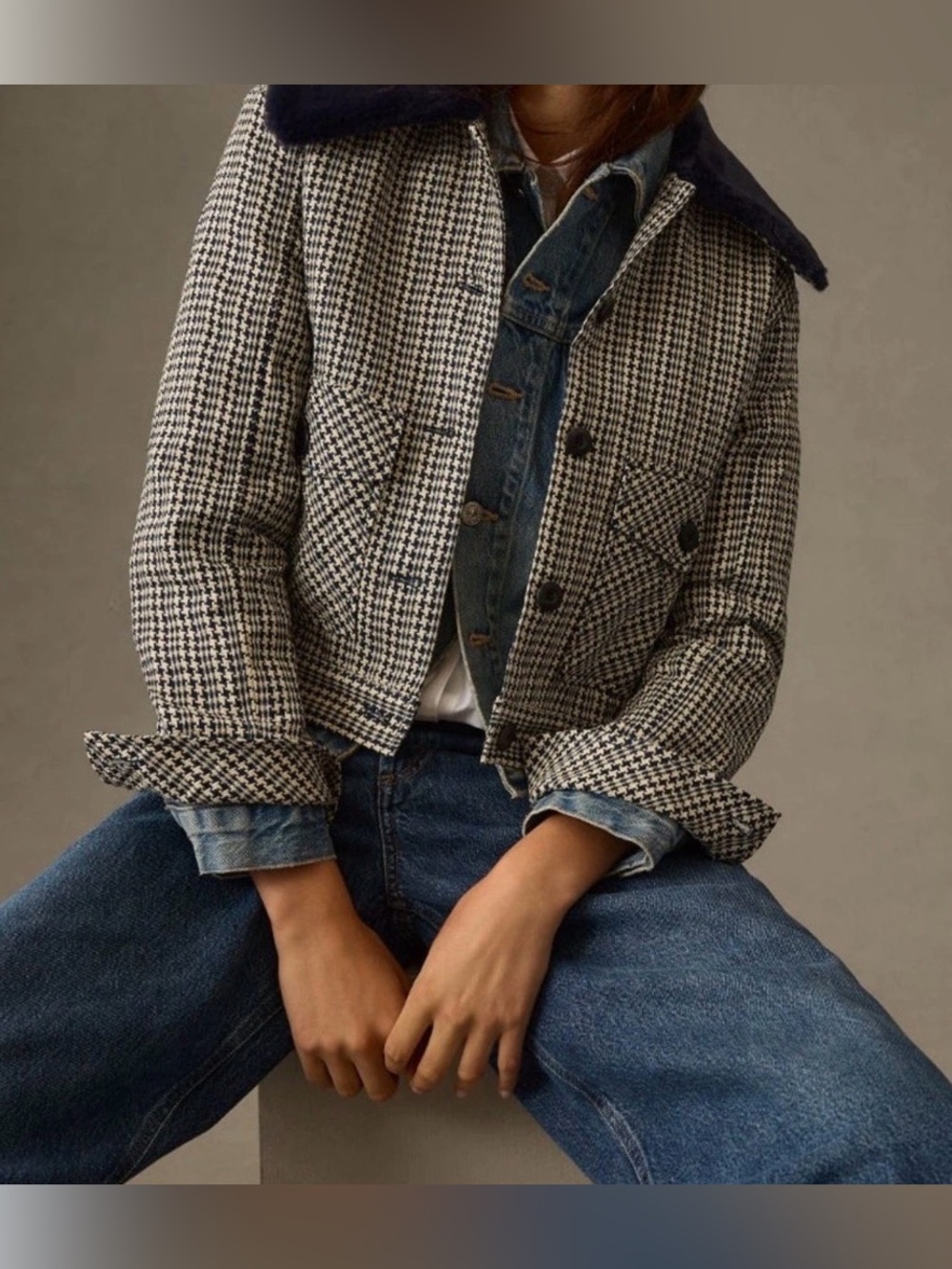 Maeve Lined Tweed Jacket Bomber Faux Fur Collar Academia Preppy Blue White M